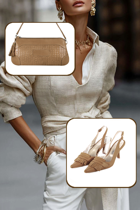 Dress slingback heels in camel beige leather with high spool heels and pointed toe - Top view